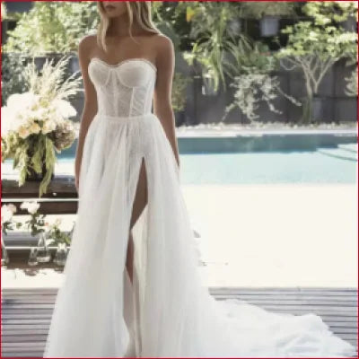 Strapless high slit wedding dress sleeveless bridal gown in white or ivory