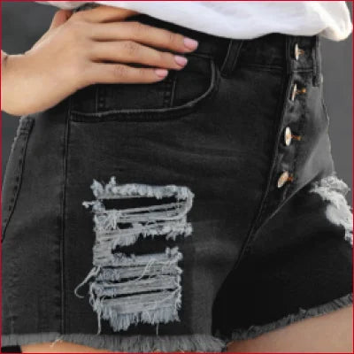 High Waist Denim Shorts with Frayed Hem featuring distressed rips and edgy style