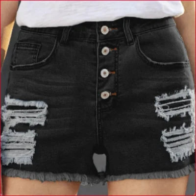 High Waist Denim Shorts with Frayed Hem and Distressed Black Denim Mini Skirt Style