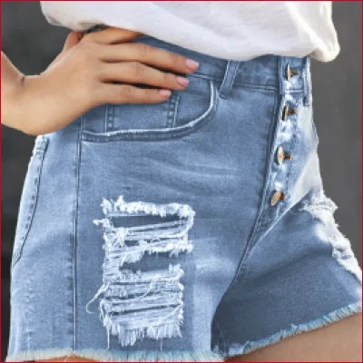 High Waist Denim Shorts with Frayed Hem showcasing distressed style and button-fly closure