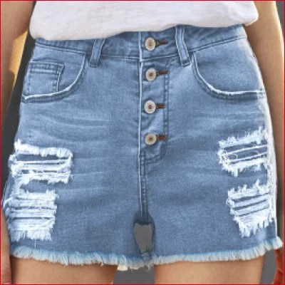 High Waist Denim Shorts with Frayed Hem, featuring distressed finish and button fly