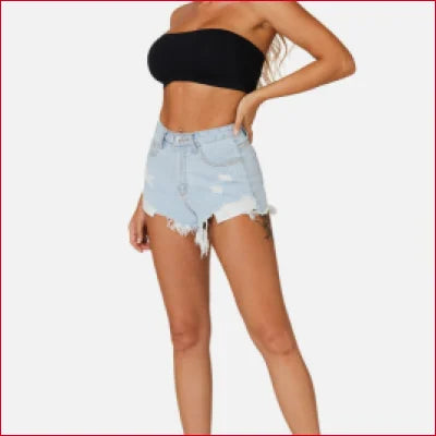 Light blue super soft distressed cut off shorts with frayed edges for a trendy look