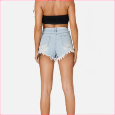 Light blue denim shorts with frayed edges from the Super Soft Distressed Cut Off Shorts