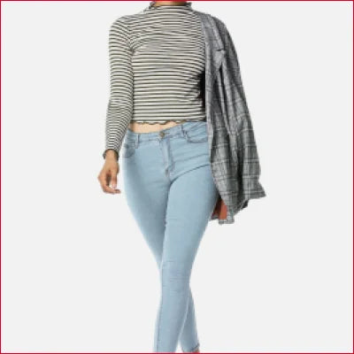 Striped long-sleeve crop top with light blue high rise slim fit jeans outfit