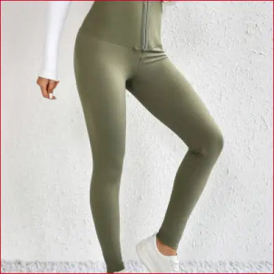 Olive green high waist skinny fitness leggings with front zipper for women