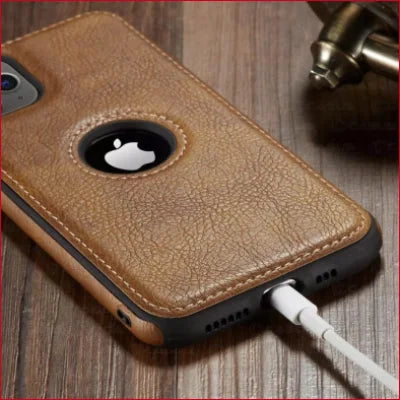 Durable faux leather iPhone case featuring circular cutout for Apple logo