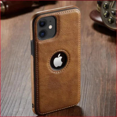 Brown faux leather iPhone case with Apple logo cutout for stylish protection