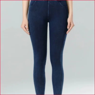 Dark blue jeggings jean leggings worn on a person’s lower body for a stylish look