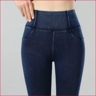 High-waisted dark blue jeggings jean leggings perfect for stylish casual outfits