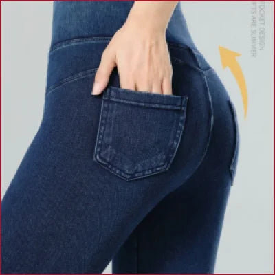 Close-fitting blue jeggings jean leggings with a stylish back pocket design