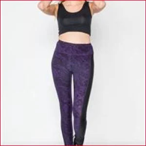 Purple patterned yoga leggings named Jet Black Blackberry Watercolor Leggings