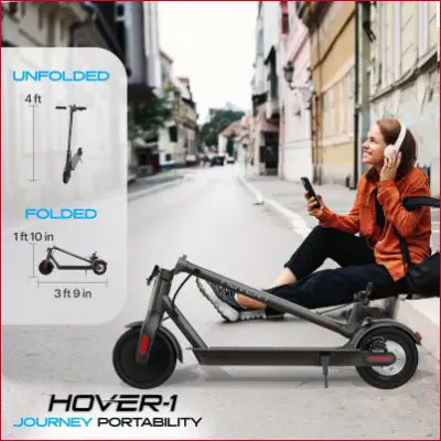 Folded gray Journey Electric Scooter, 14MPH, featuring a 5HR charge and high-grip tires