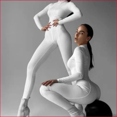 Two women in white bodysuits with artistic poses showcasing stylish lingerie options