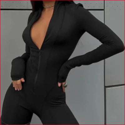 Black long-sleeved bodycon jumpsuit with crotch zipper, perfect for wedding dress or lingerie