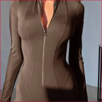 Form-fitting brown dress with crotch zipper, ideal for casual or wedding wear