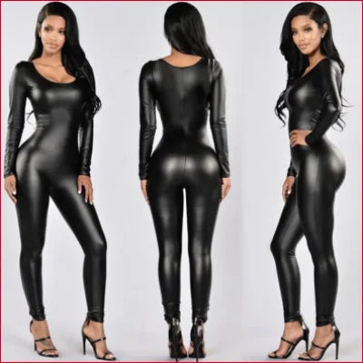 Woman modeling a black leatherette wet look jumpsuit catsuit unitard from three angles