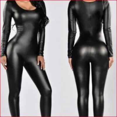 Shiny black leatherette wet look jumpsuit catsuit unitard for women with long sleeves