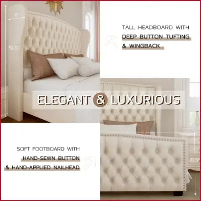 Elegant King Platform Bed with a luxurious tufted wingback headboard in cream