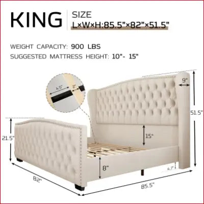 King Platform Bed Frame with Wingback Headboard in Cream, showcasing dimension details