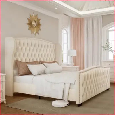 Tufted cream platform bed frame with wingback headboard for a stylish bedroom upgrade