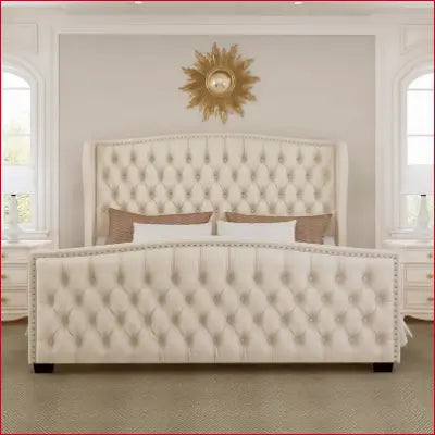 Tufted King Platform Bed Frame with Cream Wingback Headboard for elegant bedrooms