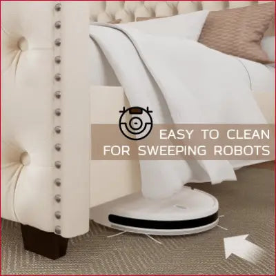 White robotic vacuum cleaner next to King Platform Bed Frame with Wingback Headboard