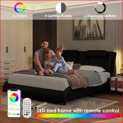 King Size LED Bed Frame with remote control, PU leather upholstered curved platform design