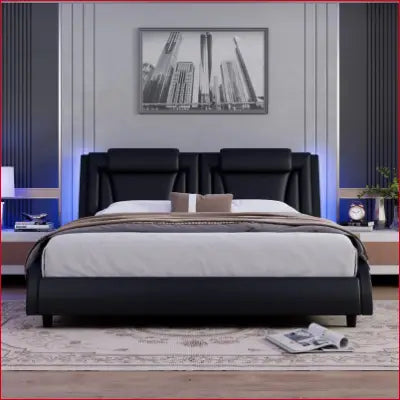 King Size LED Bed Frame featuring a sleek black leather upholstered curved platform design