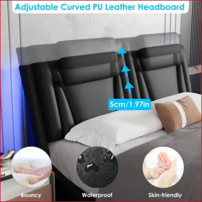 Adjustable curved black PU leather headboard on King Size LED Bed Frame