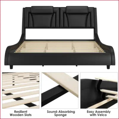 Black King Size LED Bed Frame with PU Leather Upholstered Curved Platform Design