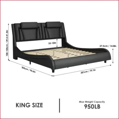 Black King Size LED Bed Frame with Leather Upholstered Curved Platform and Adjustable Headboard