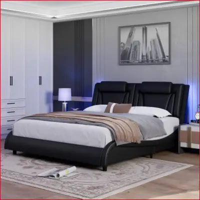 Black leather upholstered curved platform bed with adjustable headrests, King Size LED Bed Frame