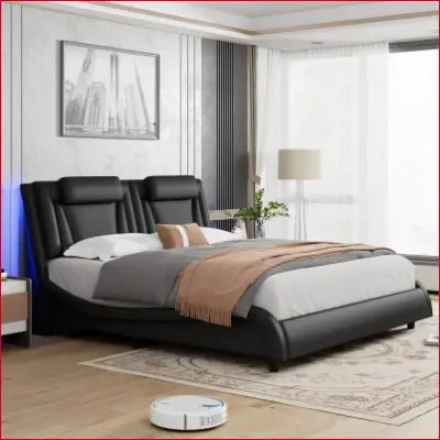 Black leather upholstered King Size LED Bed Frame with adjustable headboard and curved design