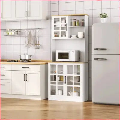 White kitchen pantry with cabinets, glass doors, and open shelves for stylish storage