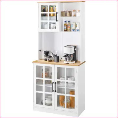 White kitchen pantry with cabinets and open shelves, featuring a stylish hutch design