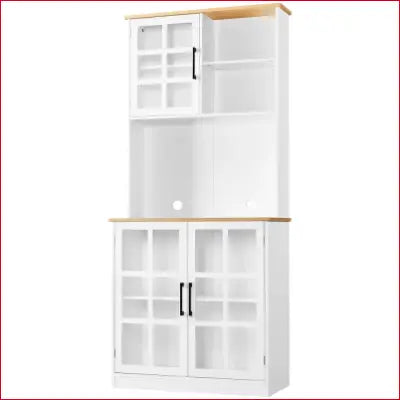 White and wood hutch cabinet in Kitchen Pantry with Cabinets & Open Shelves design