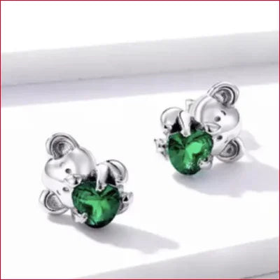 Sterling Silver Emerald Zircon Stud Earrings featuring elephant-shaped designs with hearts