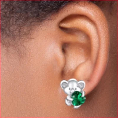 Cute koala-shaped earrings with emerald zircon in sterling silver for sensitive ears