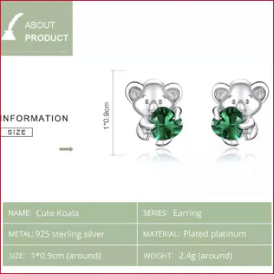 Sterling Silver Emerald Zircon Stud Earrings shaped like koalas with green gemstones