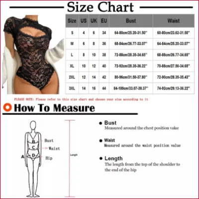 Black lace keyhole bodysuit with keyhole neckline and size chart for optimal fit