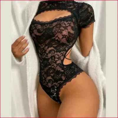 Black lace keyhole bodysuit with short sleeves and plunging neckline for elegant style