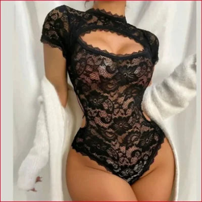 Black lace keyhole bodysuit featuring a keyhole neckline and short sleeves