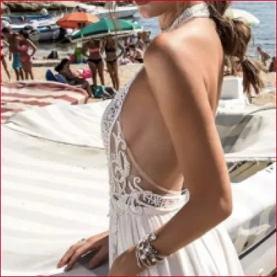 White lace halter backless bridal gown with elegant open back design