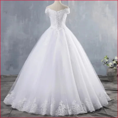 Elegant white off shoulder wedding dress princess gown with lace details