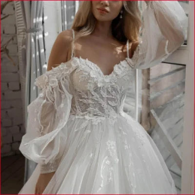 Gorgeous Lace Off Shoulder Bridal Gown with voluminous tulle skirt and crotch zipper