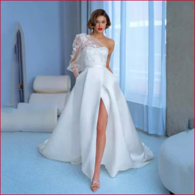 Elegant Lace Shoulder Satin High Slit Wedding Dress showcasing a one-shoulder design