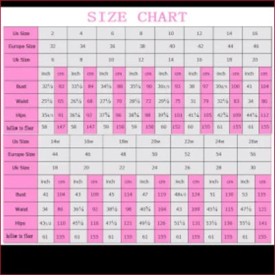 Size chart for Sleeveless Backless Lace Wedding Dress in various sizes and units