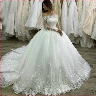 Lace Off Shoulder Wedding Dress with Long Sleeves and Voluminous Skirt in White or Ivory