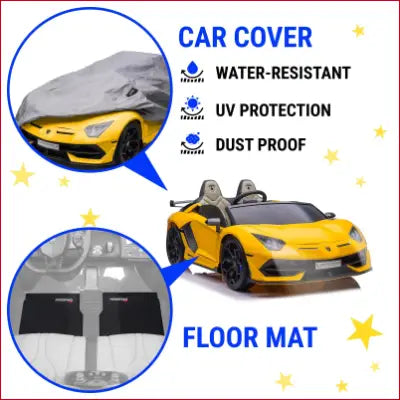 Yellow Lamborghini Aventador toy car with cover, floor mats, and swappable battery 24V