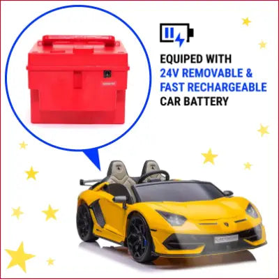 Yellow Lamborghini Aventador toy car with red swappable battery 24V and leather seat